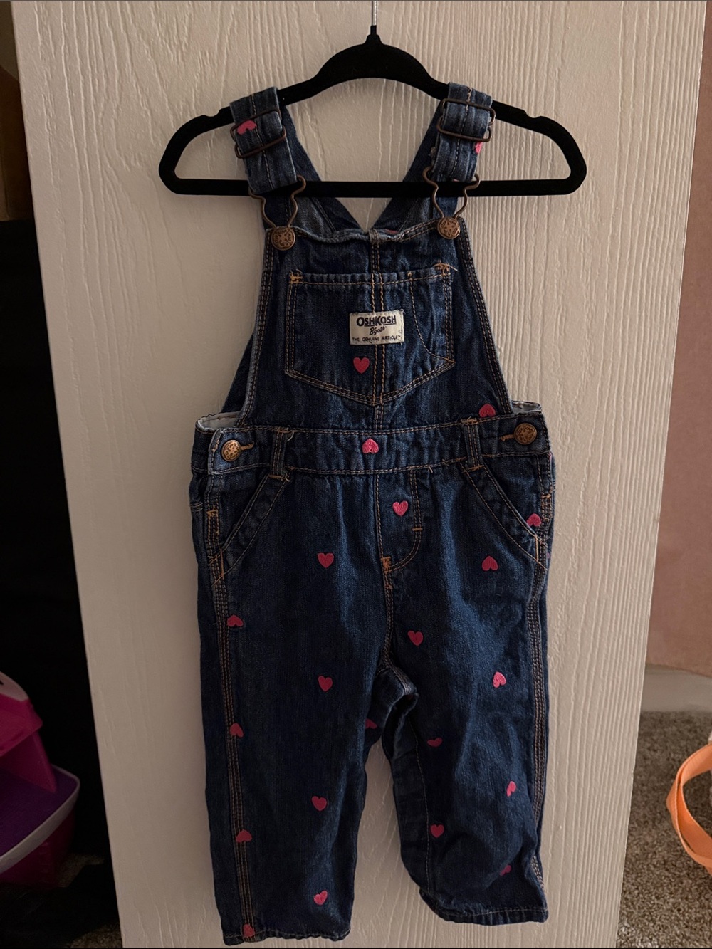 OshKosh B'gosh Dark Blue Denim Overalls with Pink Heart Accents
